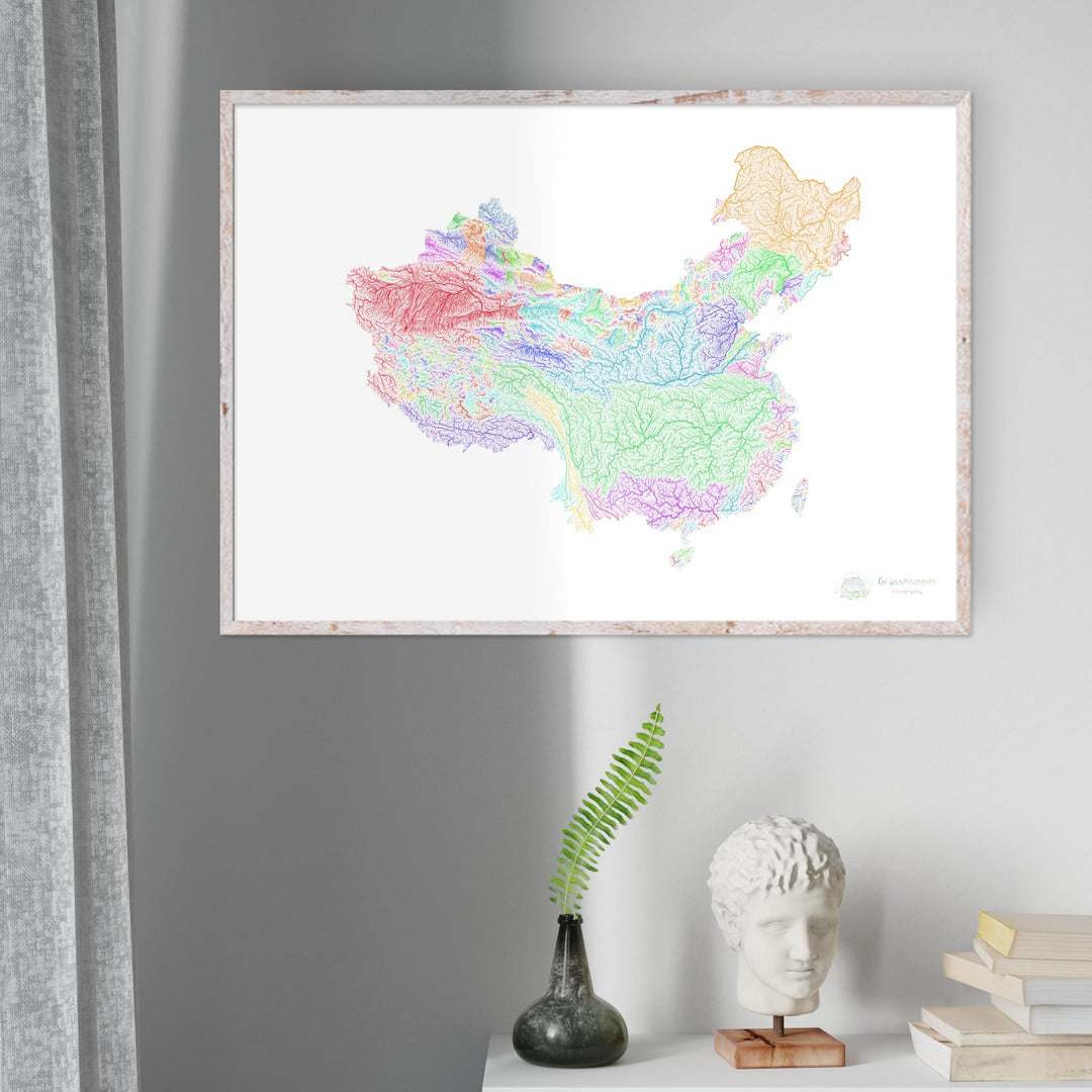 River basin map of China and Taiwan, rainbow colours on white Fine Art Print