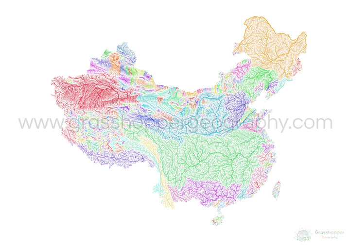 River basin map of China and Taiwan, rainbow colours on white Fine Art Print