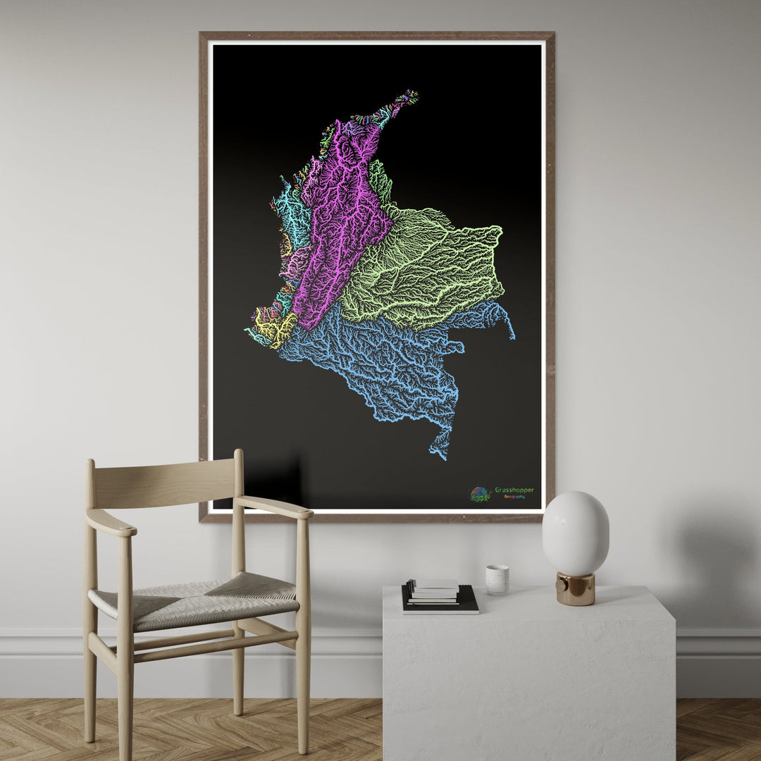 Colombia - River basin map, pastel on black - Fine Art Print