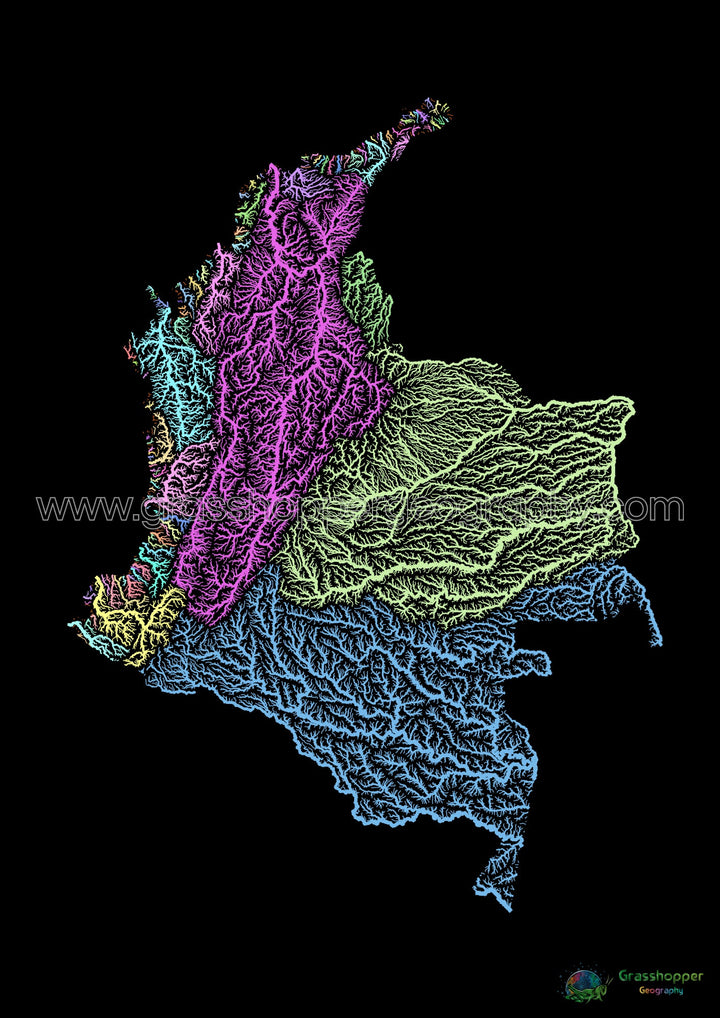 River basin map of Colombia, pastel colours on black - Fine Art Print