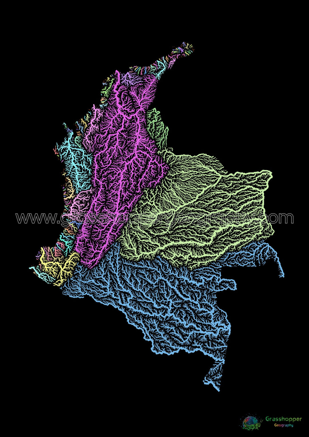 Colombia - River basin map, pastel on black - Fine Art Print