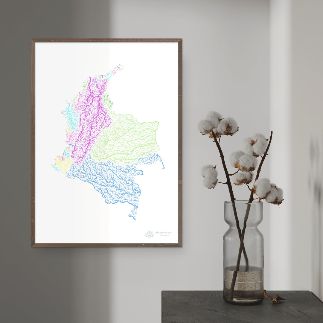 Colombia - River basin map, pastel on white - Fine Art Print
