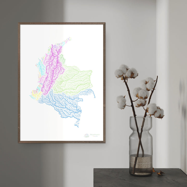 Colômbia - Mapa da bacia hidrográfica, pastel sobre branco - Impressão de belas artes