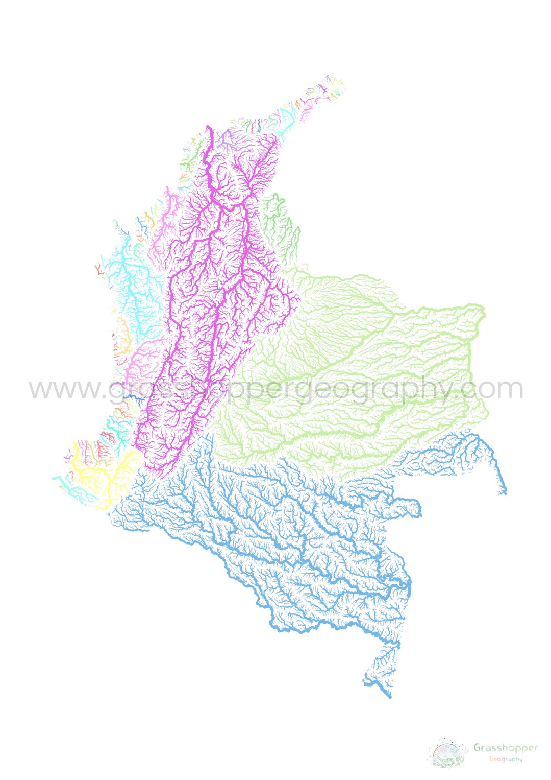 Colombia - River basin map, pastel on white - Fine Art Print