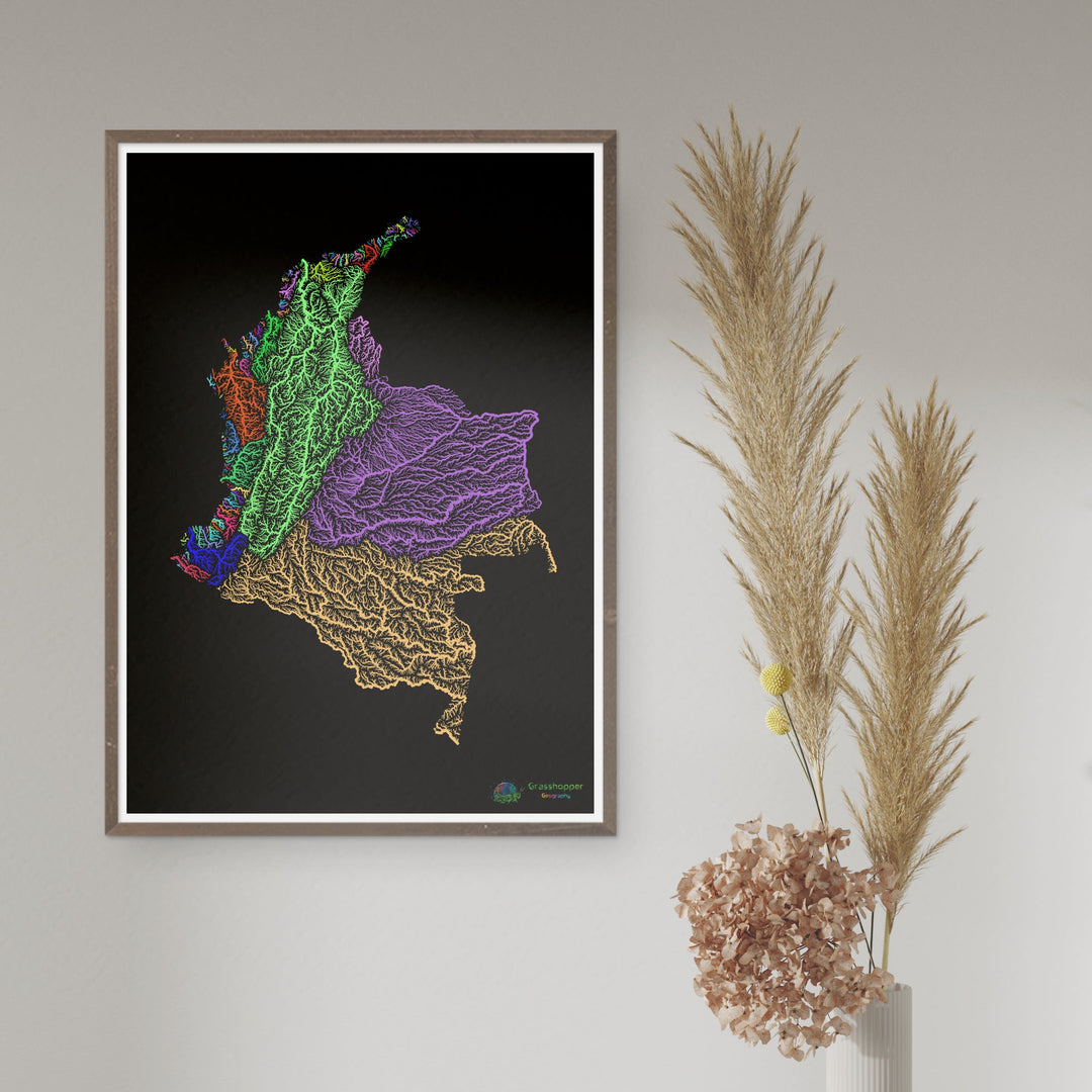 River basin map of Colombia, rainbow colours on black - Fine Art Print