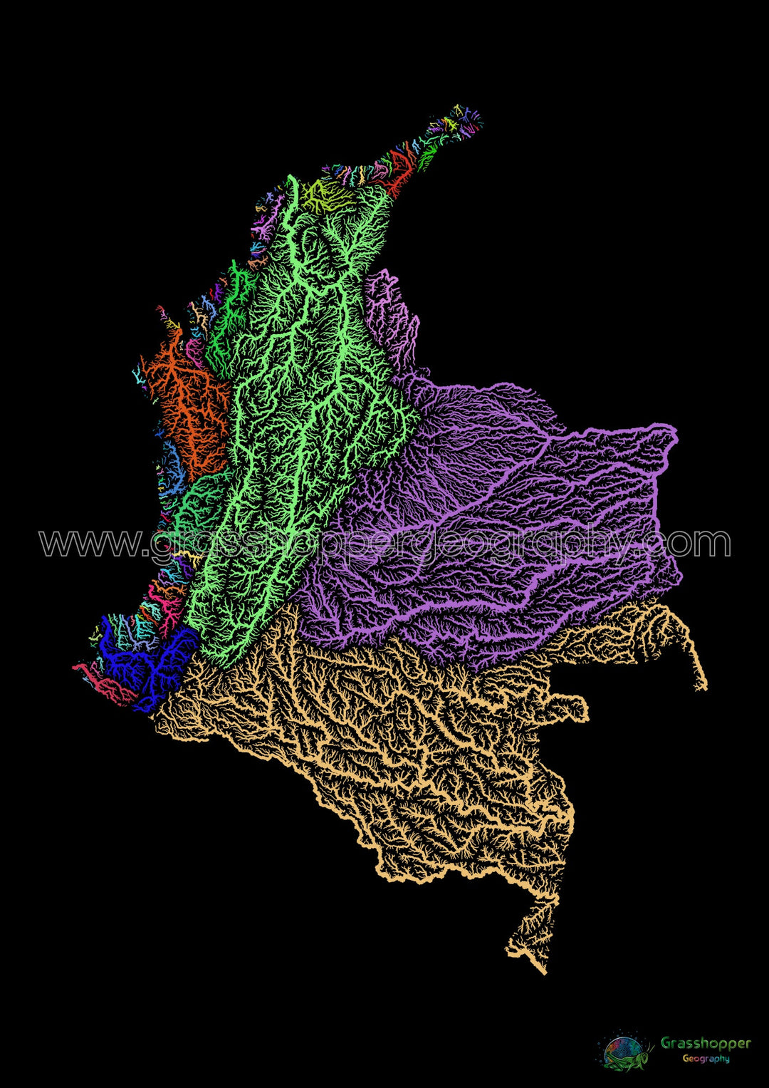 Colombia - Mapa de cuencas fluviales, arcoíris sobre negro - Impresión de Bellas Artes