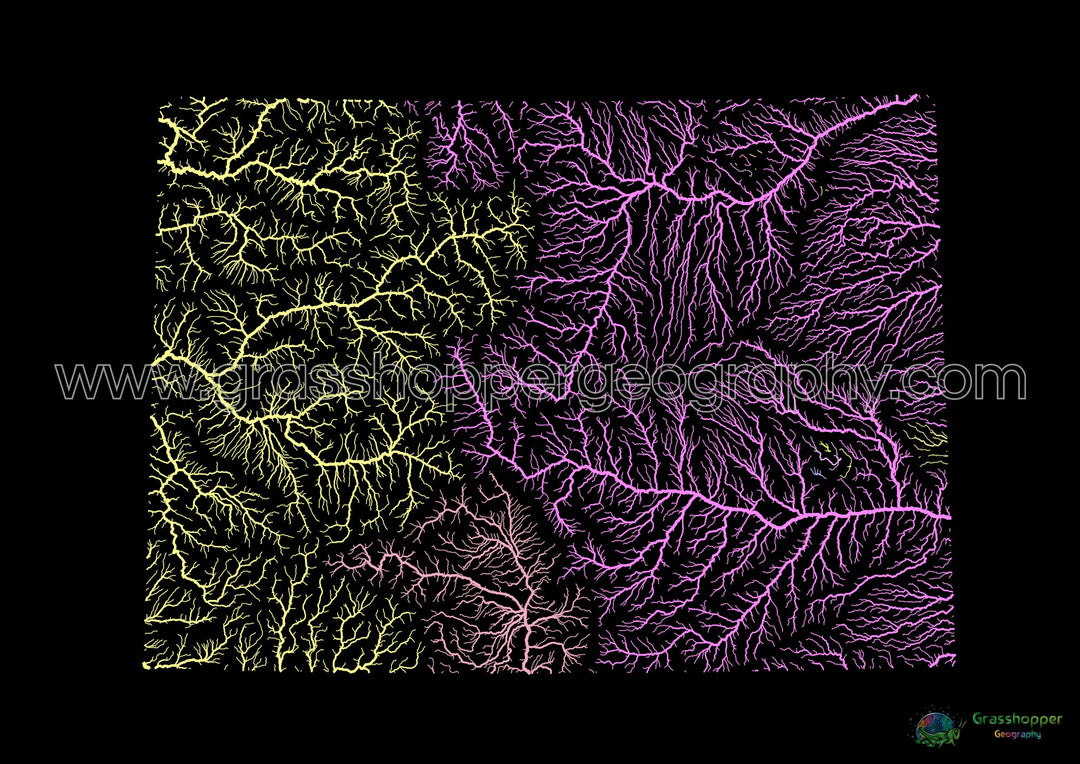 Colorado - Mapa de la cuenca del río, pastel sobre negro - Impresión de Bellas Artes