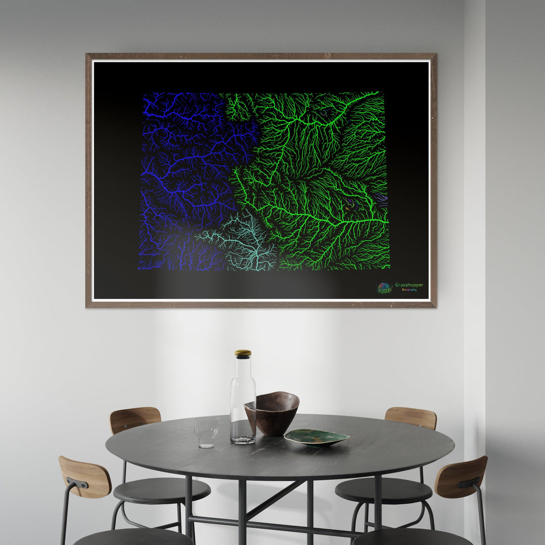 Colorado - Carte du bassin fluvial, arc-en-ciel sur noir - Fine Art Print