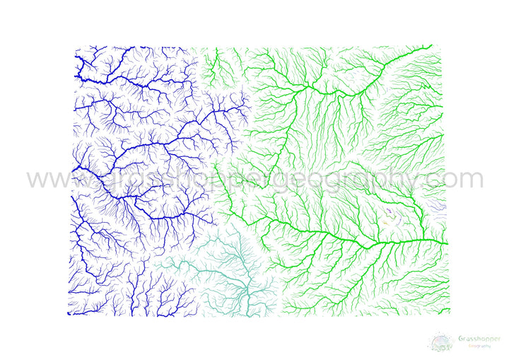 Colorado - Carte du bassin fluvial, arc-en-ciel sur blanc - - Tirage d'art