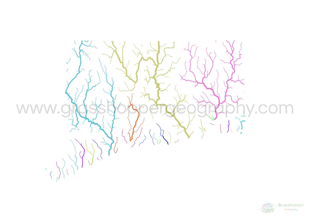 River basin map of Connecticut, rainbow colours on white Fine Art Print