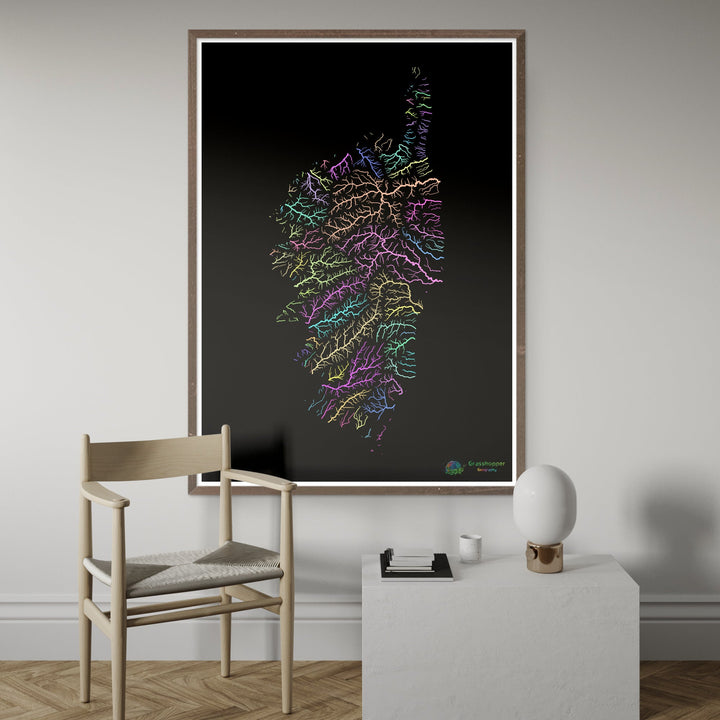 River basin map of Corsica, pastel colours on black - Fine Art Print