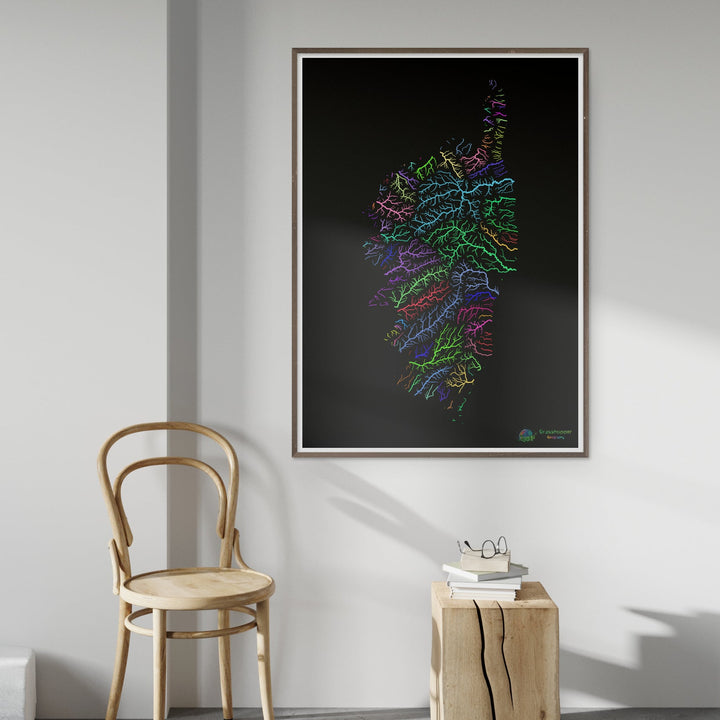 River basin map of Corsica, rainbow colours on black - Fine Art Print
