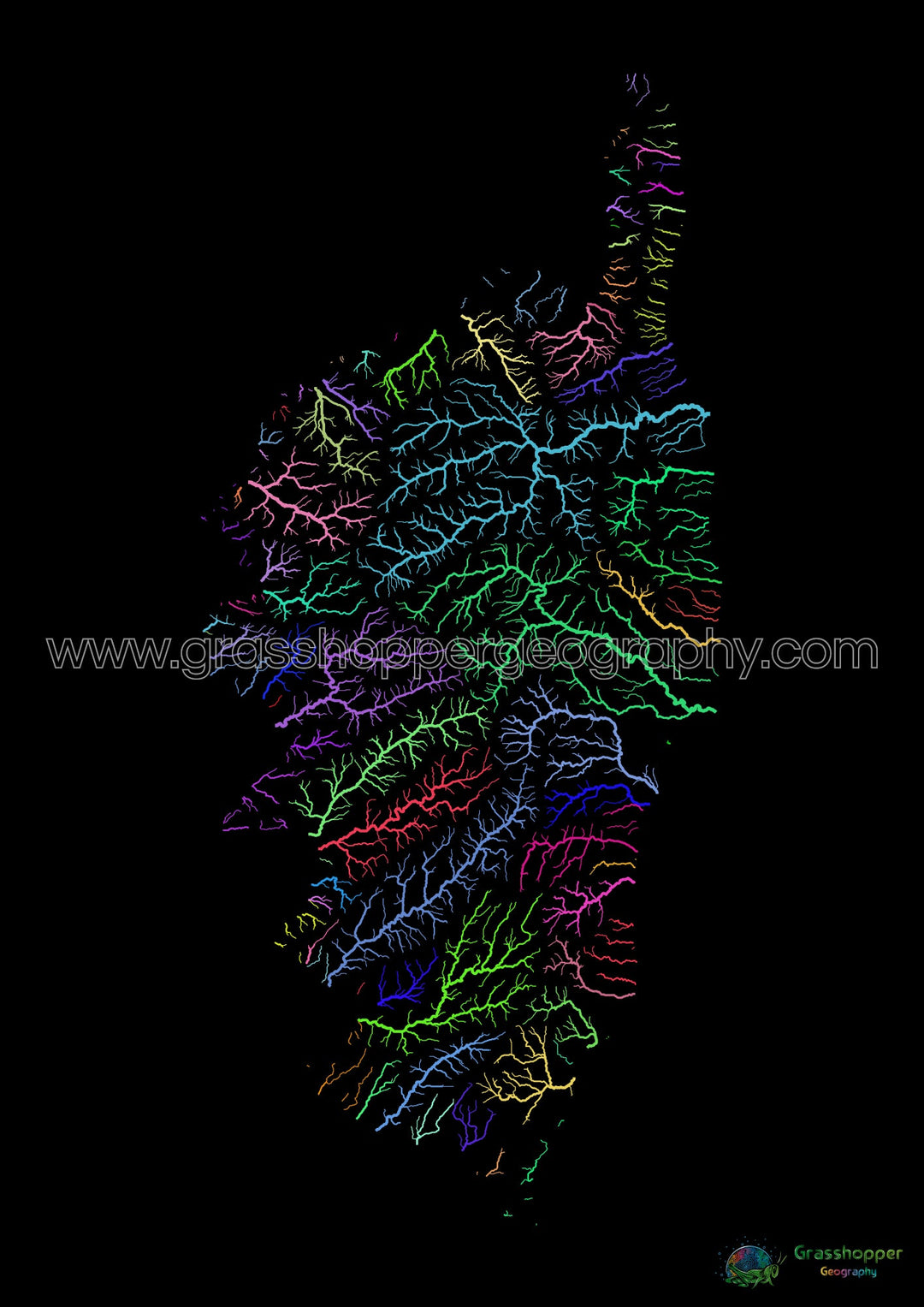Córcega - Mapa de la cuenca fluvial, arco iris sobre negro - Impresión de Bellas Artes