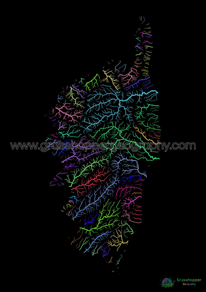 River basin map of Corsica, rainbow colours on black - Fine Art Print