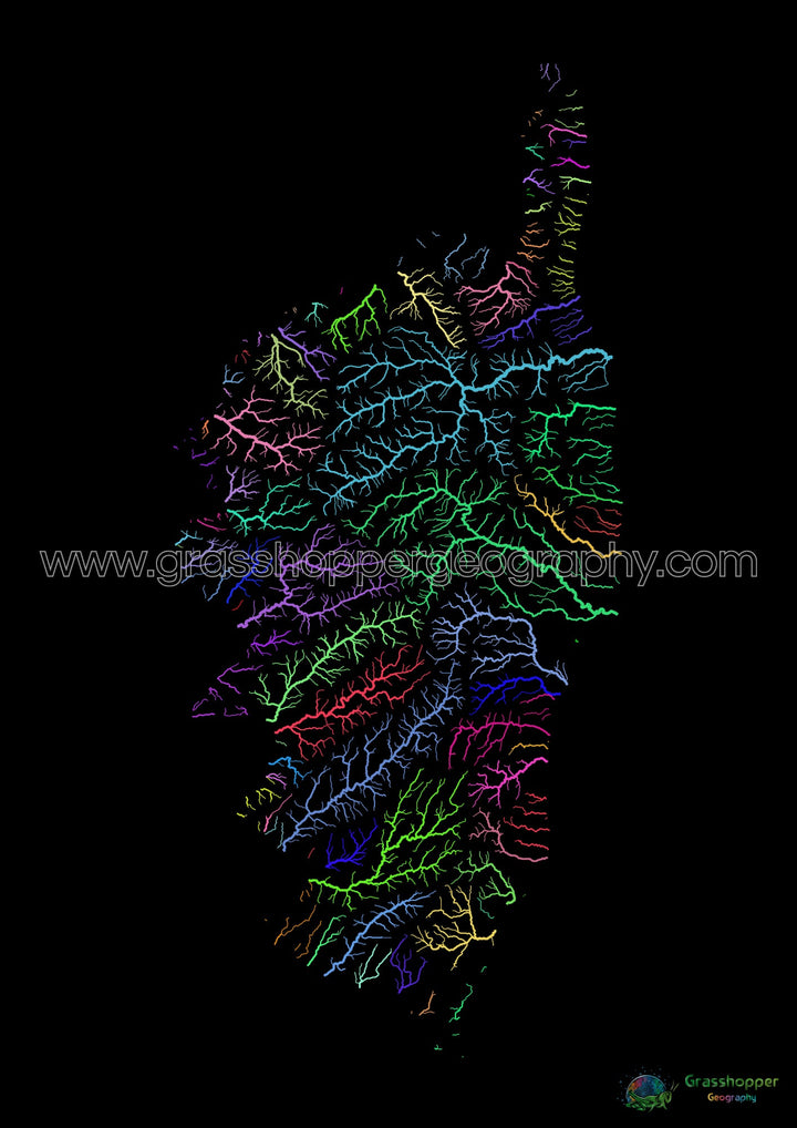 Córcega - Mapa de la cuenca fluvial, arco iris sobre negro - Impresión de Bellas Artes