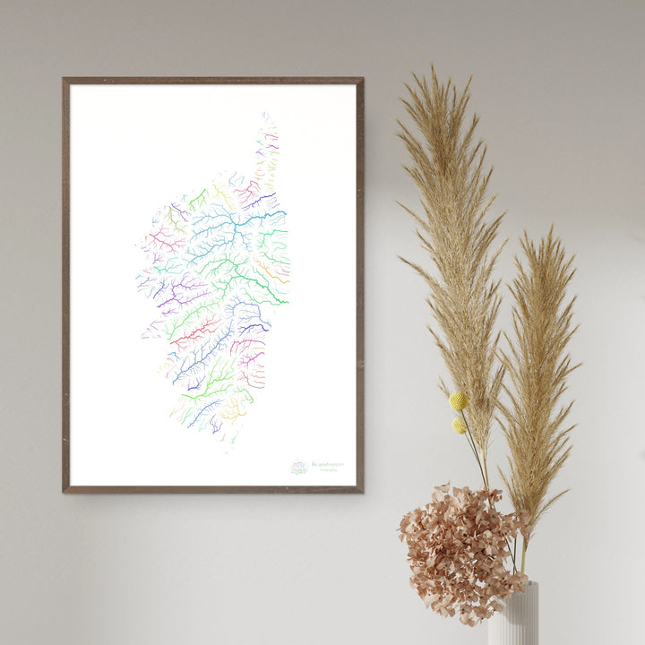 River basin map of Corsica, rainbow colours on white Fine Art Print