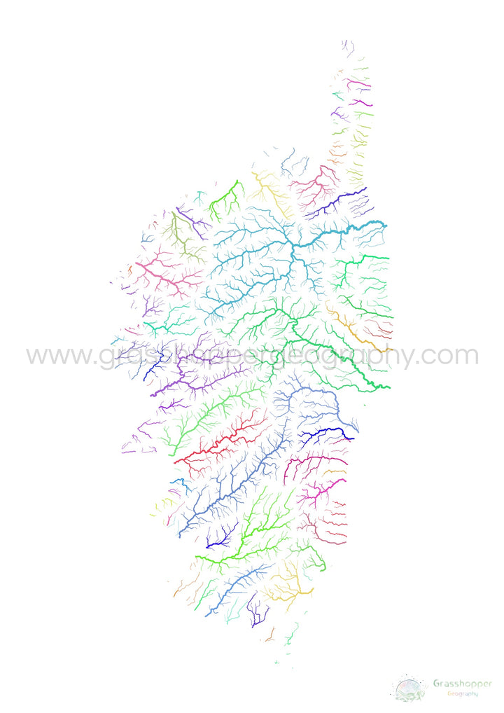 River basin map of Corsica, rainbow colours on white Fine Art Print