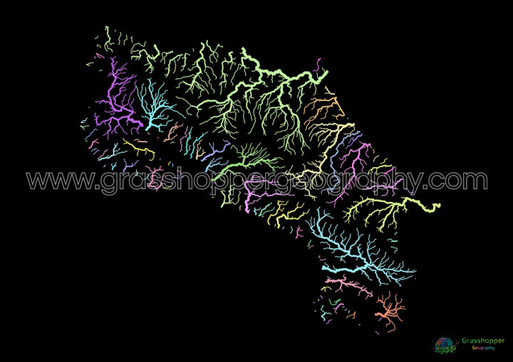 Costa Rica - Carte des bassins fluviaux, pastel sur noir - Fine Art Print