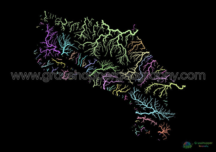 Costa Rica - Flussgebietskarte, Pastell auf Schwarz - Fine Art Print