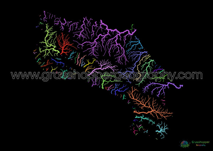 Costa Rica - Carte des bassins fluviaux, arc-en-ciel sur noir - Fine Art Print