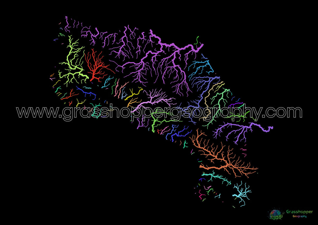 Costa Rica - Carte des bassins fluviaux, arc-en-ciel sur noir - Fine Art Print