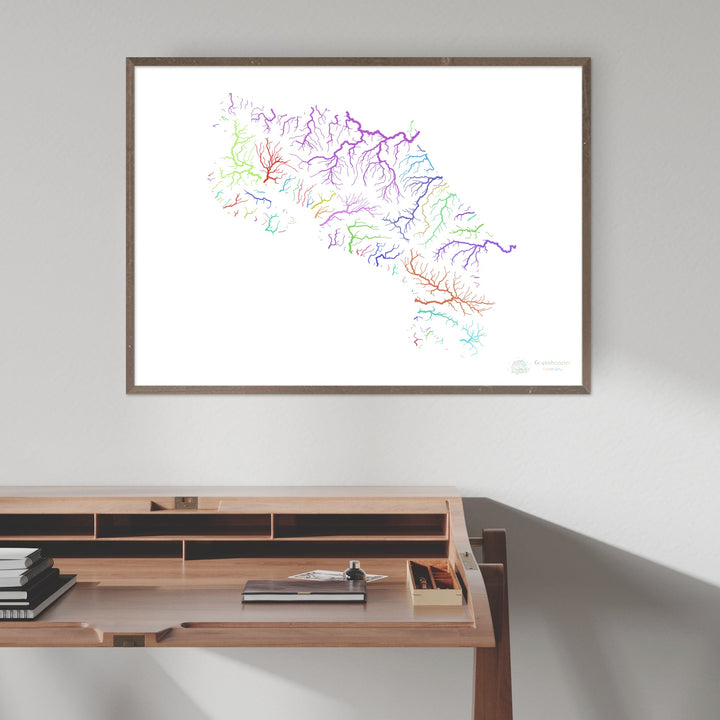 Costa Rica - Mapa de cuencas fluviales, arco iris sobre blanco - Impresión de Bellas Artes