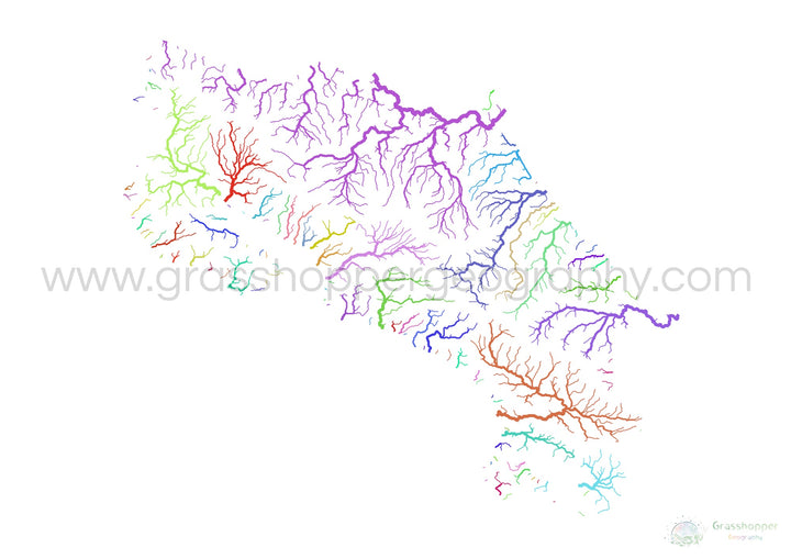 Costa Rica - Mapa de cuencas fluviales, arco iris sobre blanco - Impresión de Bellas Artes