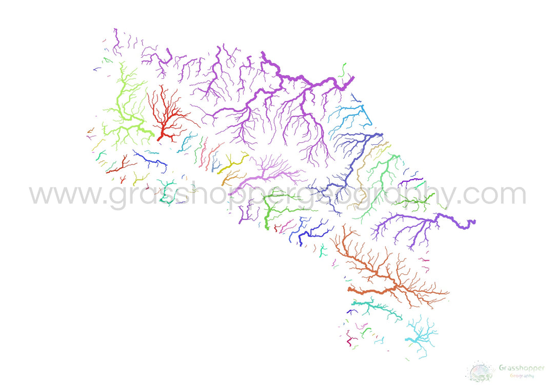 Costa Rica - Carte des bassins fluviaux, arc-en-ciel sur blanc - Fine Art Print