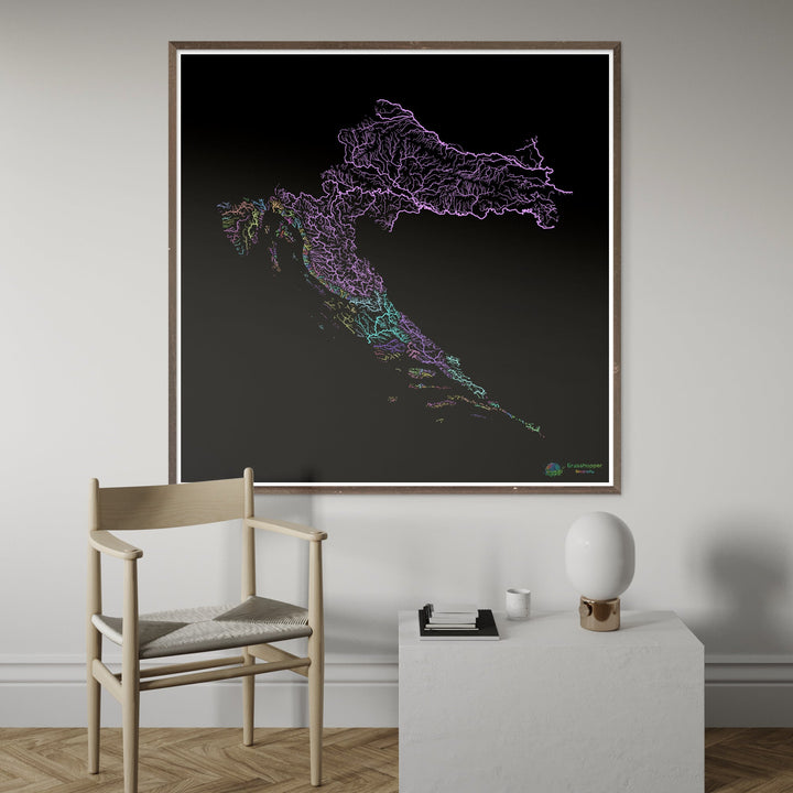 Croacia - Mapa de la cuenca fluvial, pastel sobre negro - Impresión de bellas artes