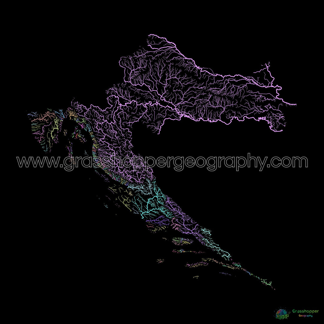 Croatia - River basin map, pastel on black - Fine Art Print