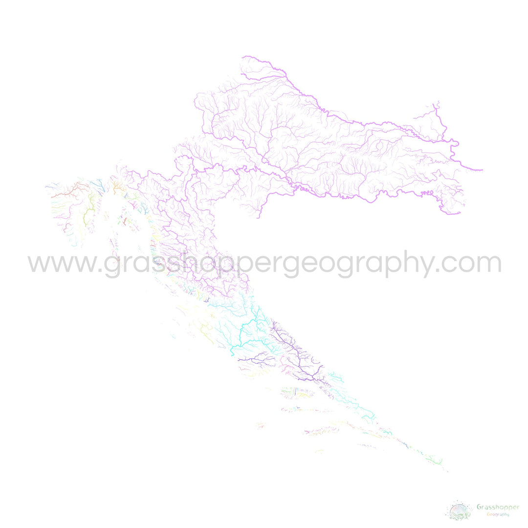 Kroatien - Flussgebietskarte, Pastell auf Weiß - Fine Art Print