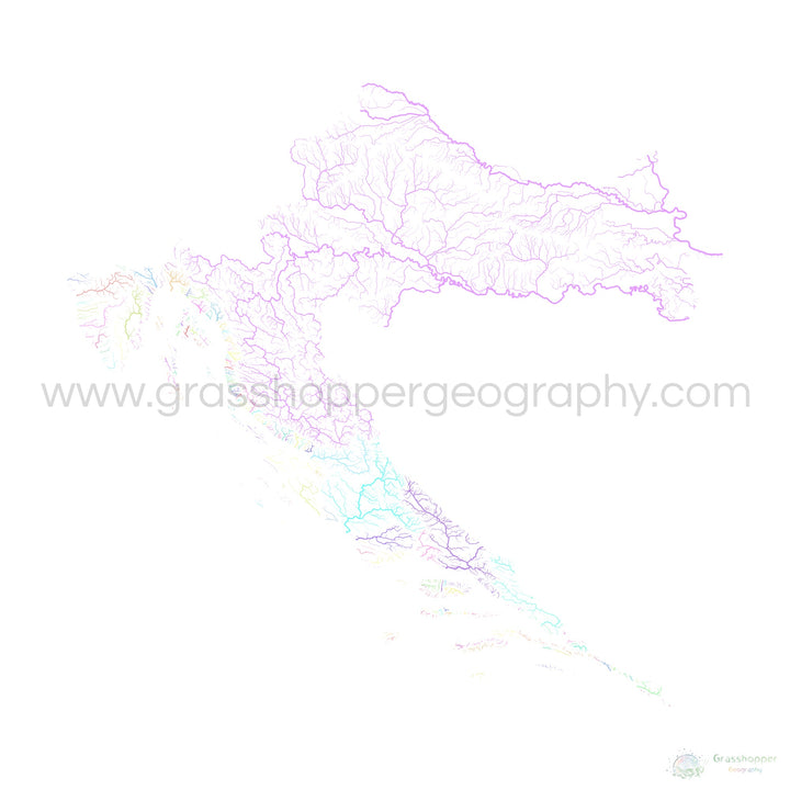 Kroatien - Flussgebietskarte, Pastell auf Weiß - Fine Art Print