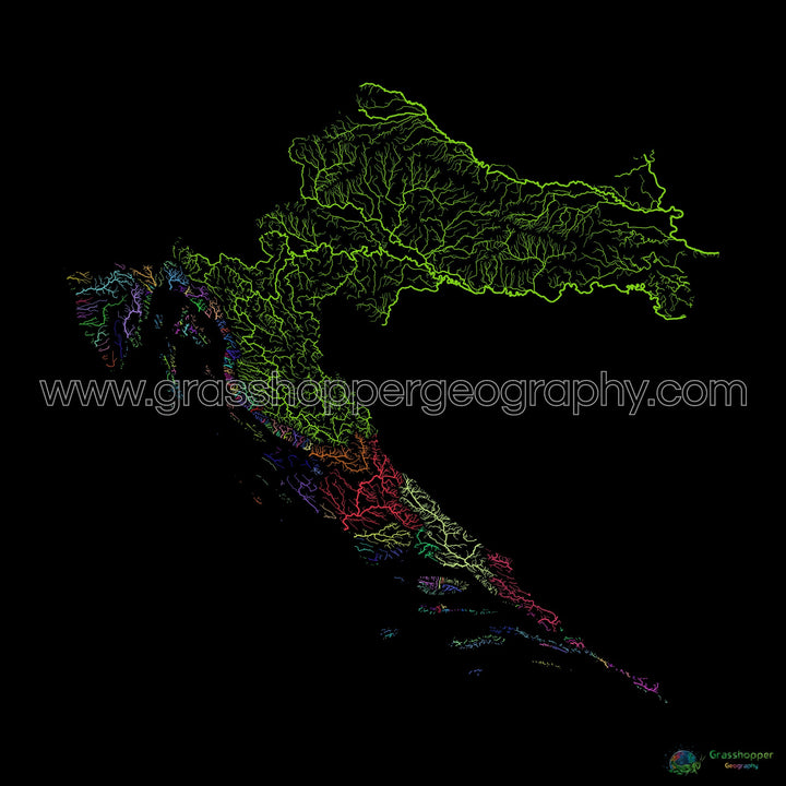 Croatie - Carte des bassins fluviaux, arc-en-ciel sur noir - Fine Art Print