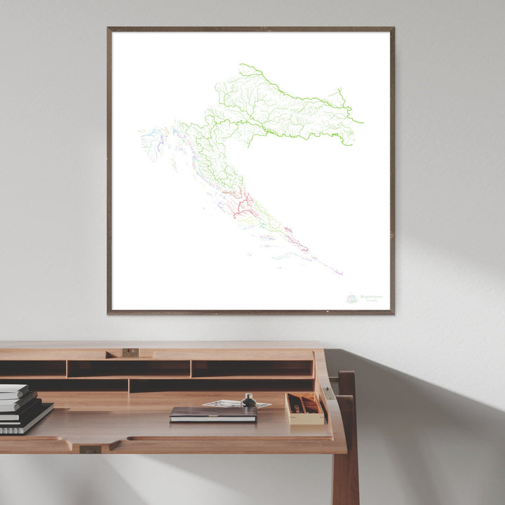 Croatie - Carte des bassins fluviaux, arc-en-ciel sur blanc - Fine Art Print