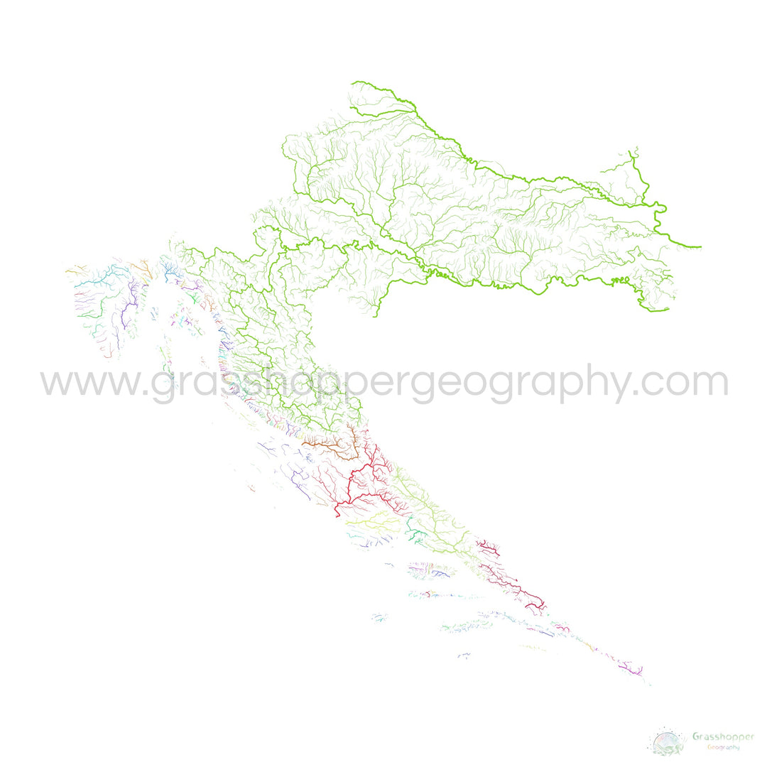 Croacia - Mapa de la cuenca fluvial, arco iris sobre blanco - Impresión de Bellas Artes