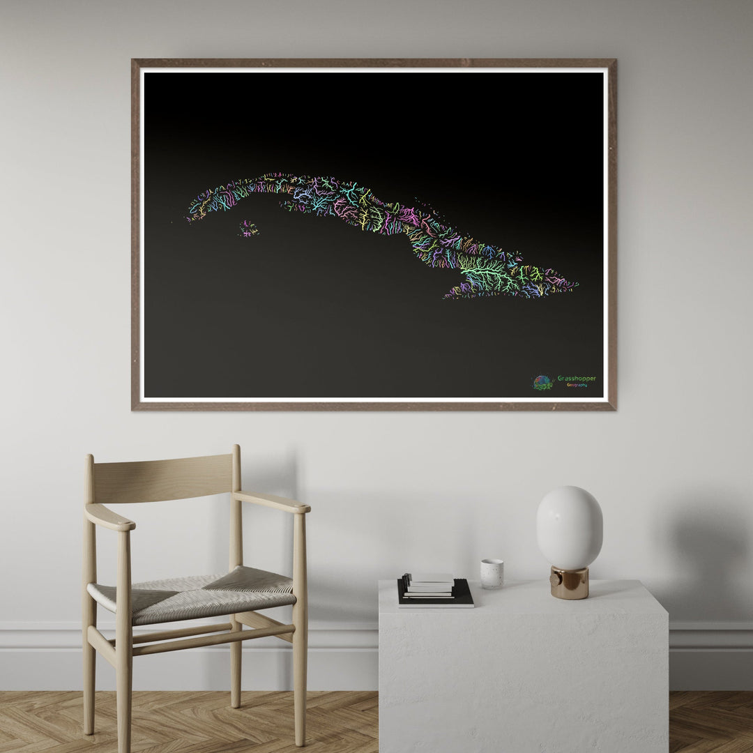 Cuba - Mapa da bacia hidrográfica, pastel sobre preto - Impressão de belas artes