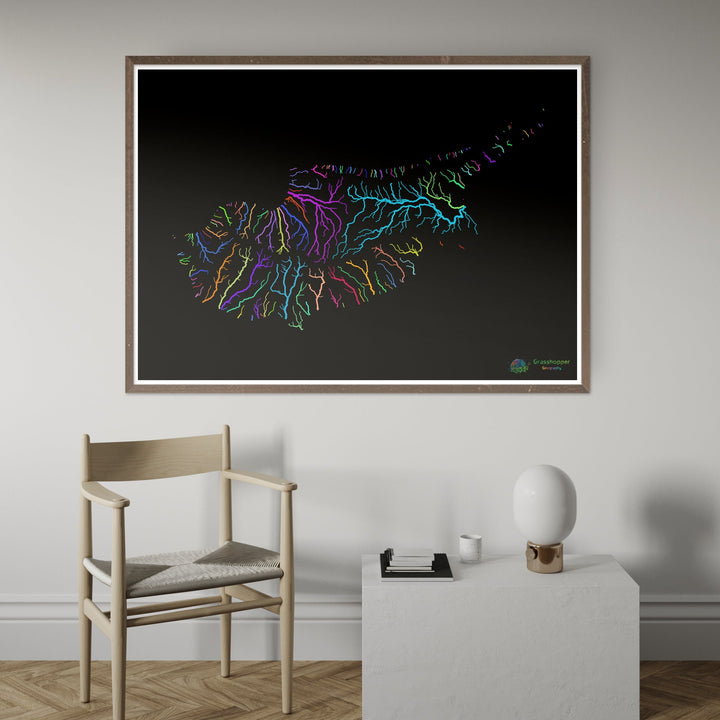 River basin map of Cyprus, rainbow colours on black - Fine Art Print