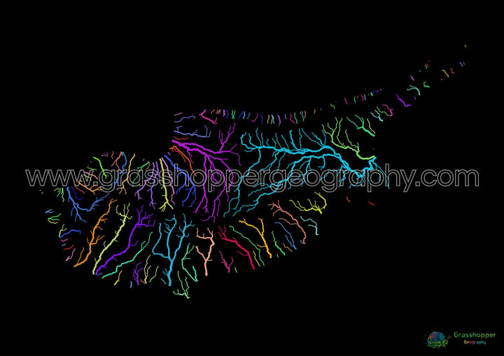 River basin map of Cyprus, rainbow colours on black - Fine Art Print