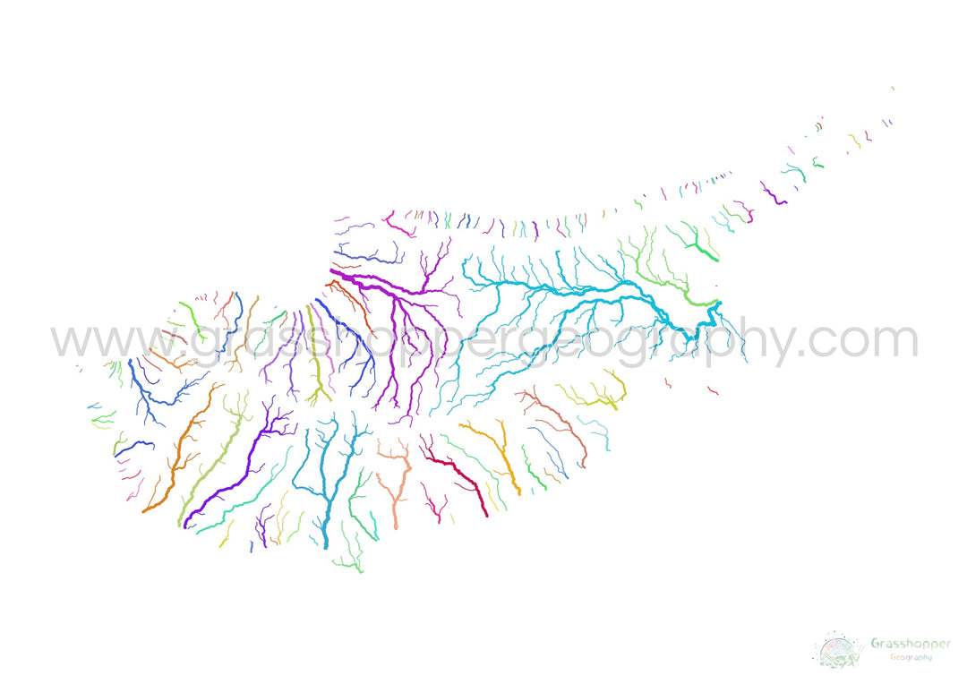 River basin map of Cyprus, rainbow colours on white - Fine Art Print