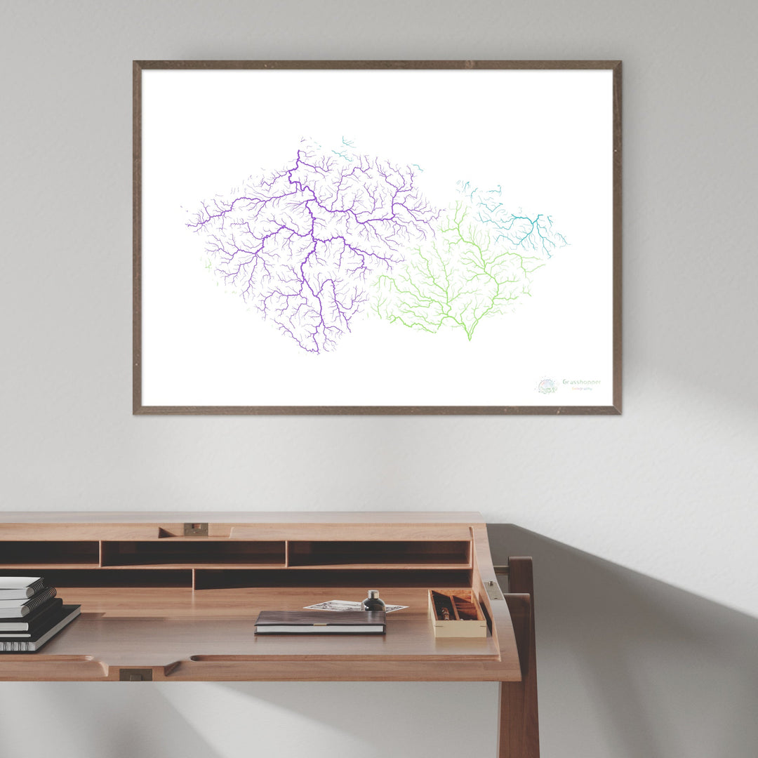 Tchéquie - Carte des bassins fluviaux, arc-en-ciel sur blanc - Fine Art Print