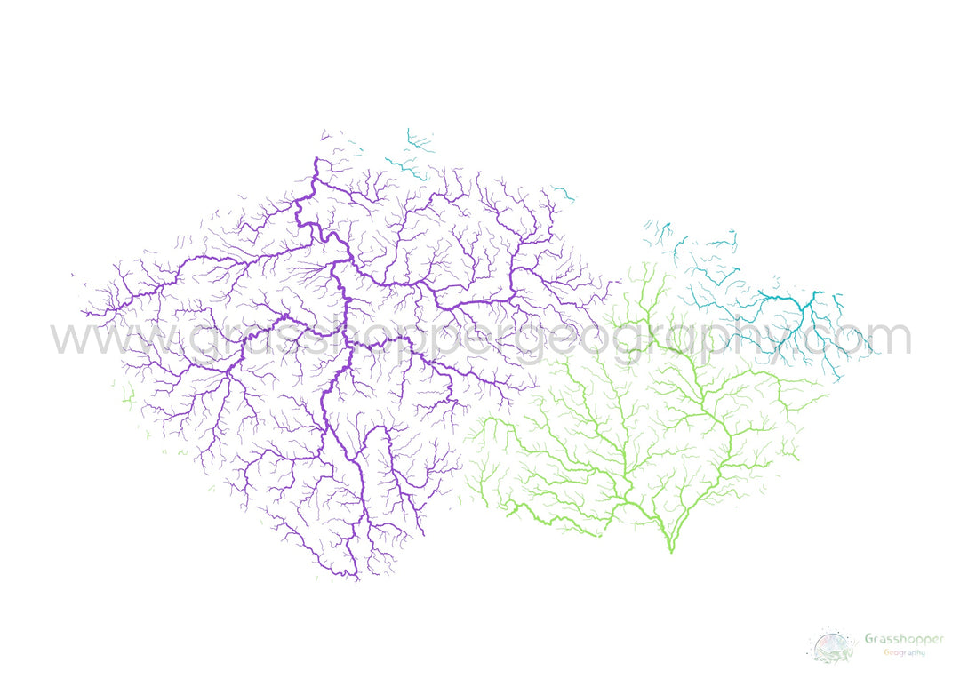 Chequia - Mapa de la cuenca fluvial, arco iris sobre blanco - Impresión de bellas artes