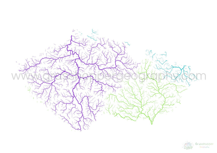 Chequia - Mapa de la cuenca fluvial, arco iris sobre blanco - Impresión de bellas artes