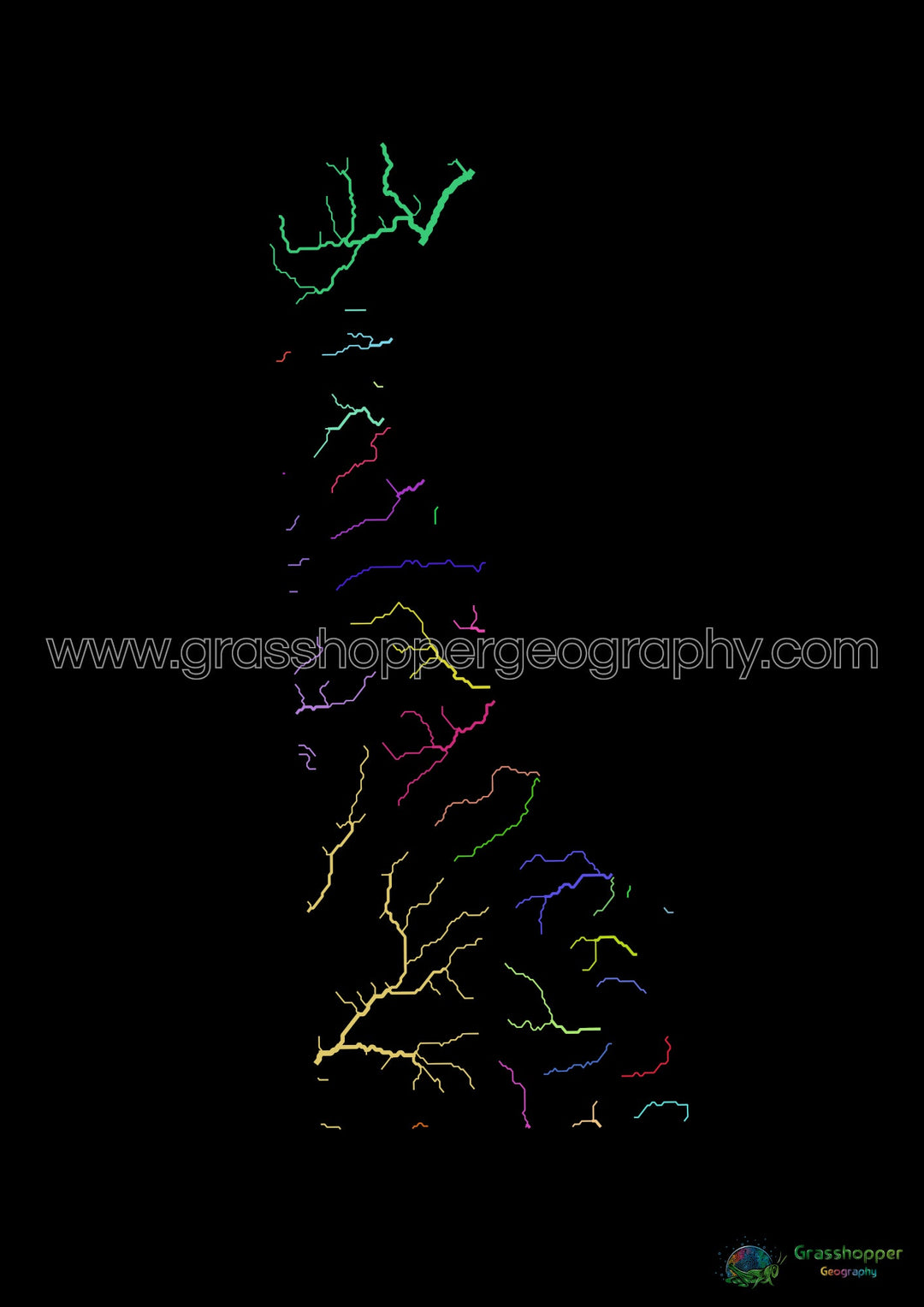 Delaware - Mapa de la cuenca del río, arco iris sobre negro - Impresión de bellas artes