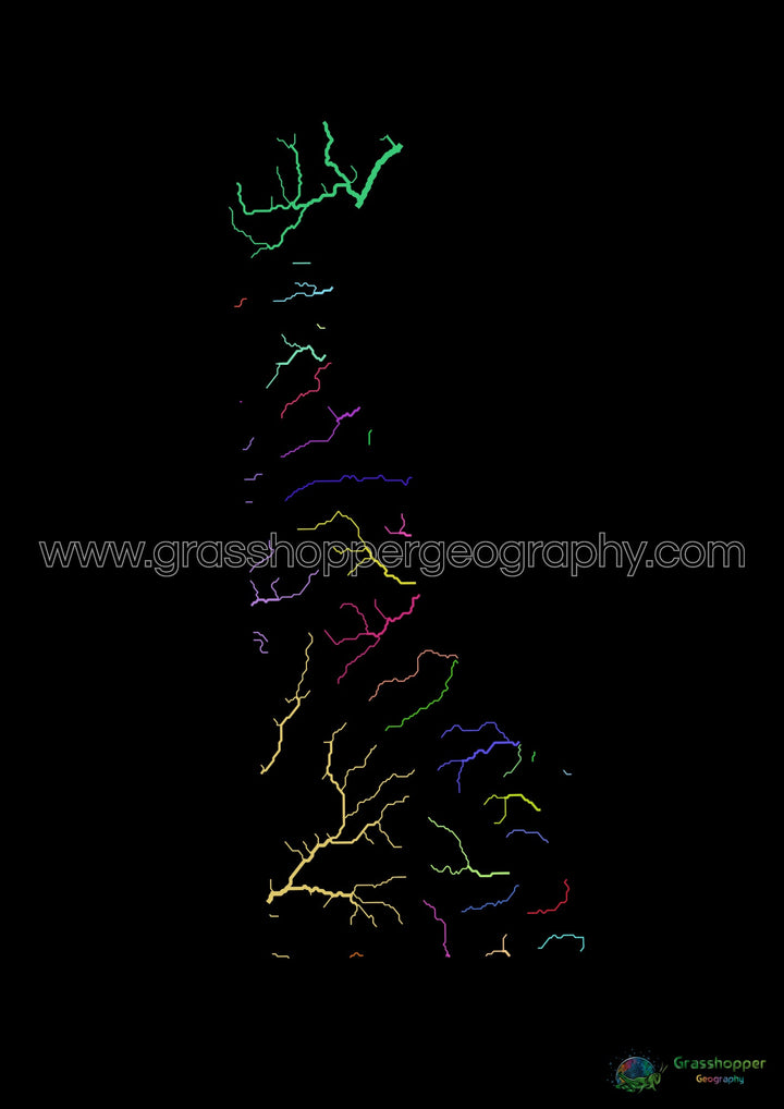 Delaware - River basin map, rainbow on black - Fine Art Print