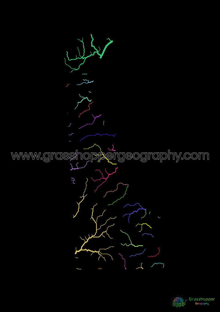 Delaware - Mapa de la cuenca del río, arco iris sobre negro - Impresión de bellas artes