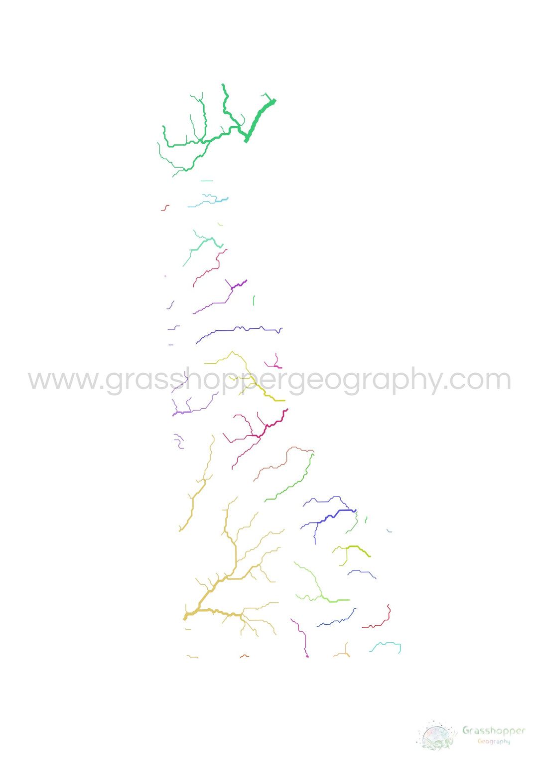River basin map of Delaware, rainbow colours on white Fine Art Print