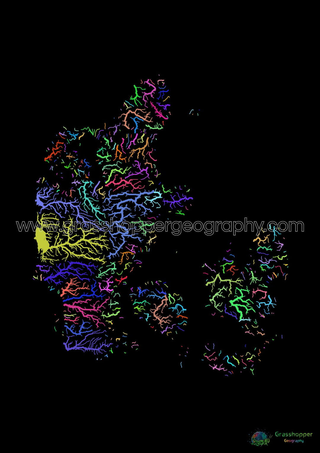 Danemark - Carte des bassins fluviaux, arc-en-ciel sur noir - Fine Art Print