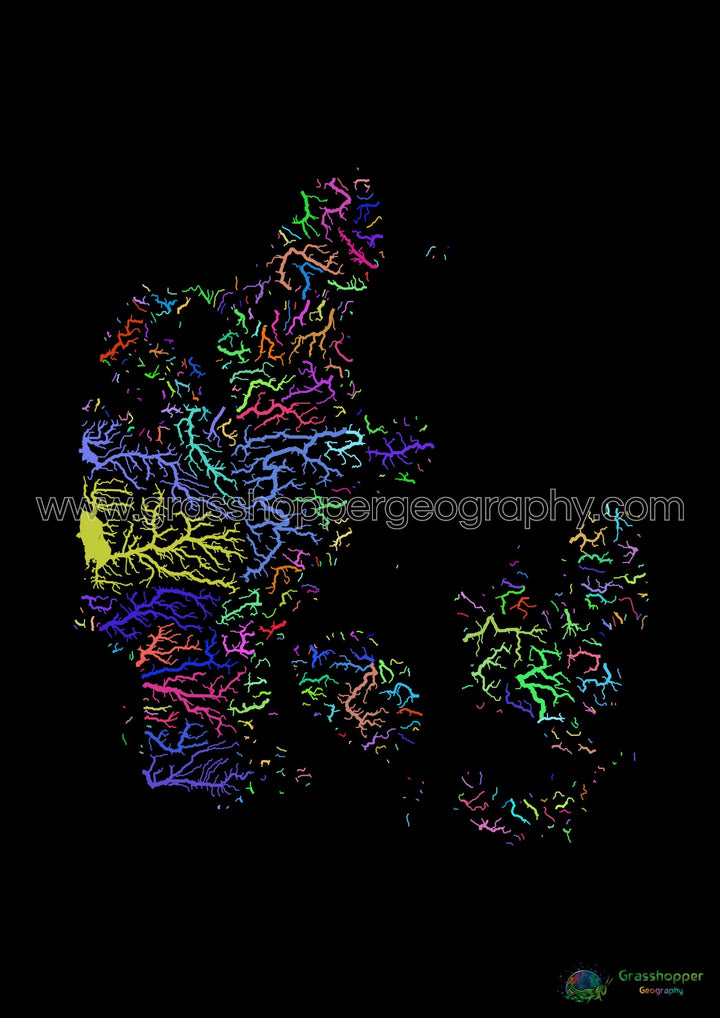 Danemark - Carte des bassins fluviaux, arc-en-ciel sur noir - Fine Art Print