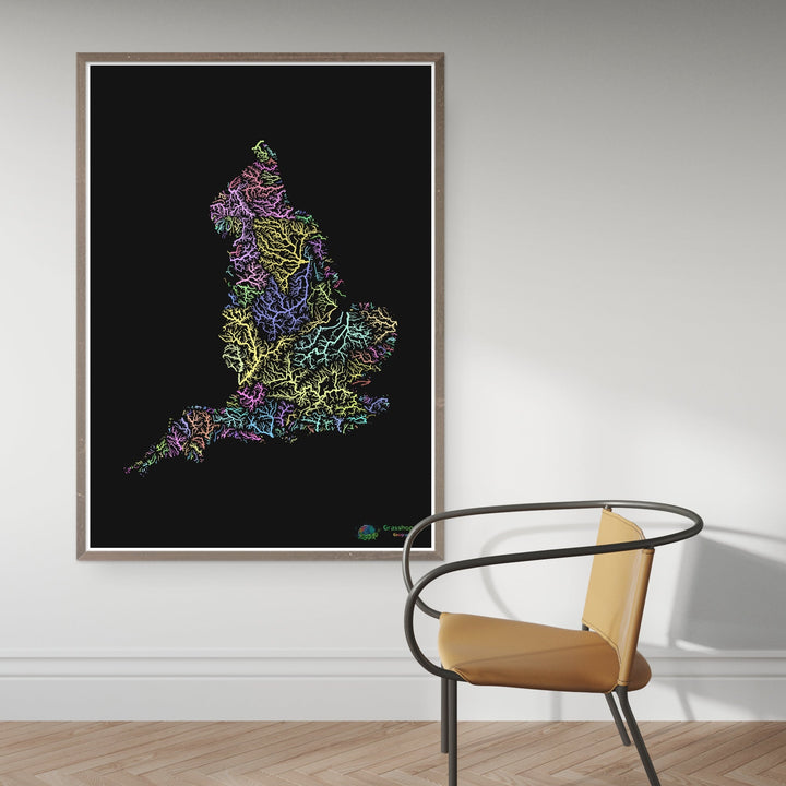 River basin map of England, pastel colours on black - Fine Art Print