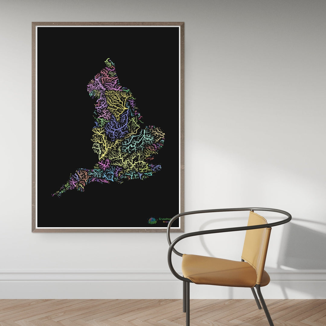Inglaterra - Mapa da bacia hidrográfica, pastel sobre preto - Impressão de belas artes